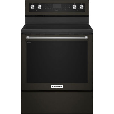 KitchenAid 30 in. 6.4 cu. ft. Convection Oven Freestanding Electric Range with 5 Smoothtop Burners - Black with Stainless Steel | KFEG500EBS