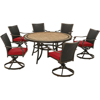 Hanover Monaco 7-Piece Dining Set in Red with 6 Wicker Back Swivel Rockers and a 60" Tile-Top Table - Red/Bronze | MONDNWB7PCSR