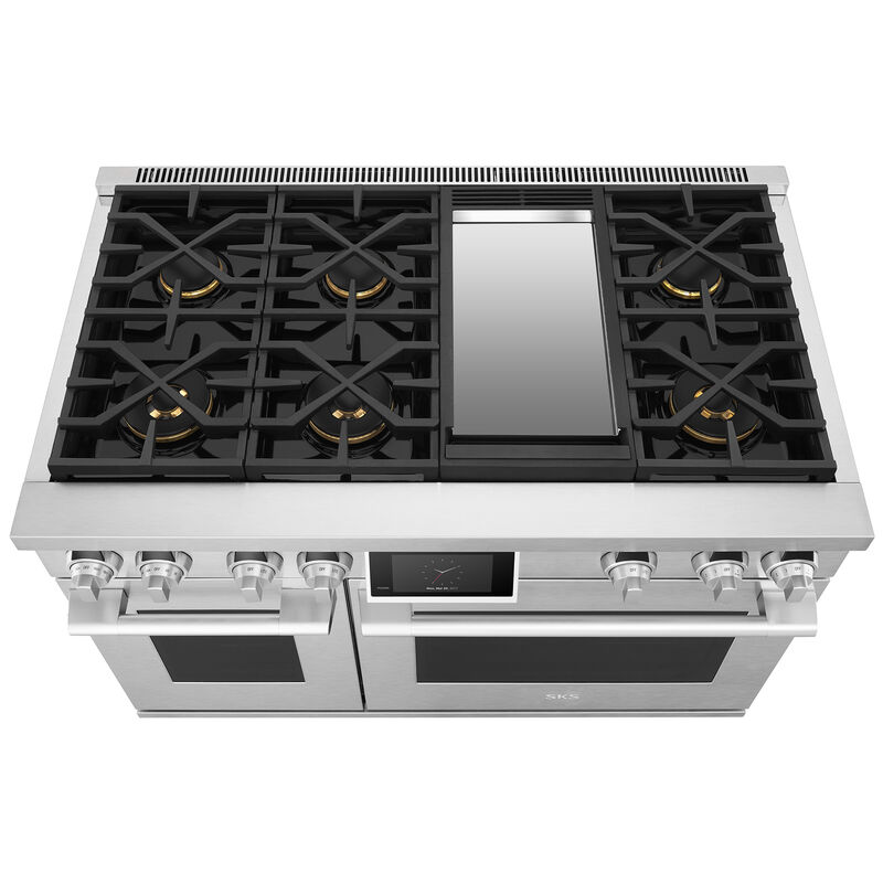 SKS 48 in. 7.9 cu. ft. Smart Standard Convection Double Oven Gas Range with 6 Sealed Burners & Griddle - Stainless Steel, , hires