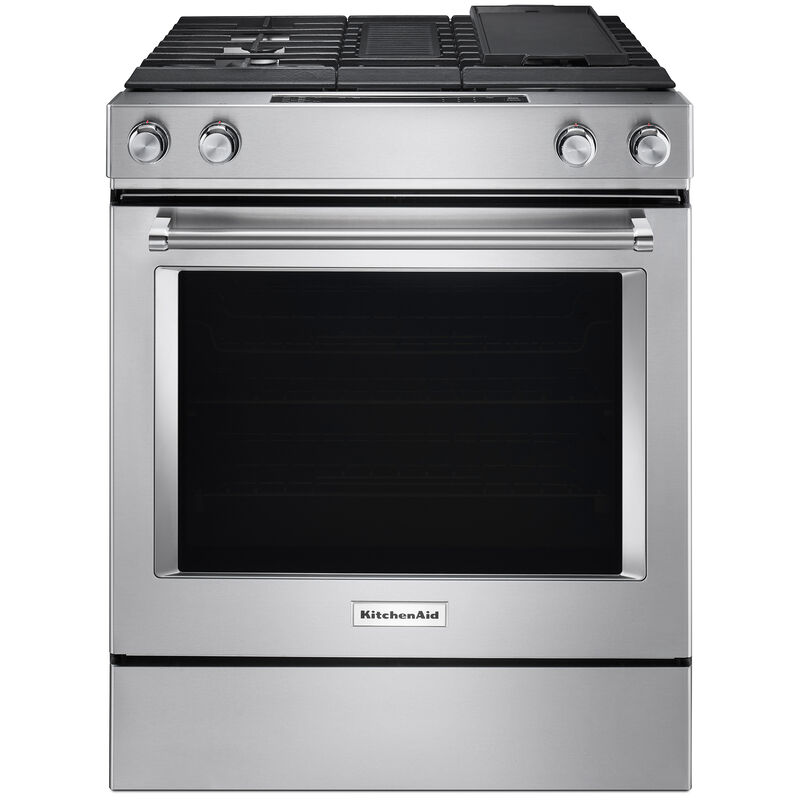 KitchenAid 30inch Slide-In Dual Fuel Range with 4 Sealed Burners, 6.4 Cu.  Ft. Single Oven & Baking Drawer - Stainless Steel