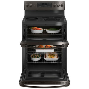 GE Profile 30 in. 6.6 cu. ft. Smart Air Fry True European Convection Double Oven Electric Range with Radiant Burners - Black Stainless, Black Stainless, hires