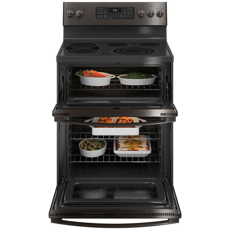 GE Profile 30 in. 6.6 cu. ft. Smart Air Fry True European Convection Double Oven Electric Range with Radiant Burners - Black Stainless, Black Stainless, hires