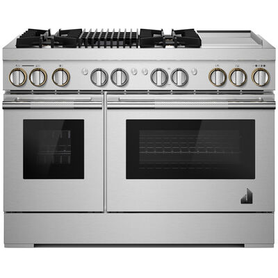 JennAir Rise Series 48 in. 4.1 cu. ft. Smart Convection Double Oven Freestanding Dual Fuel Range with 4 Sealed Burners, Grill & Griddle - Stainless Steel | JDRP748HL