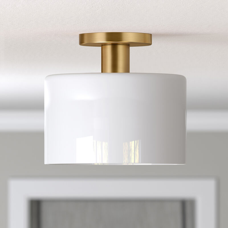 Hudson & Canal Henri 10 in. Wide Semi Flush Mount Ceiling Light with Milk White Glass Shade and Brass Finish, , hires