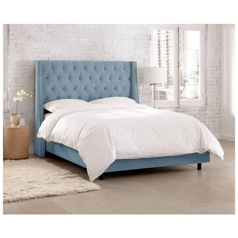 Skyline California King Nail Button Tufted Wingback Bed in Velvet - Ocean, Ocean Blue, hires