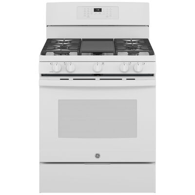 GE 30 in. 5.0 cu. ft. Air Fry Convection Oven Freestanding Gas Range with 5 Sealed Burners & Griddle - White | JGB735DPWW