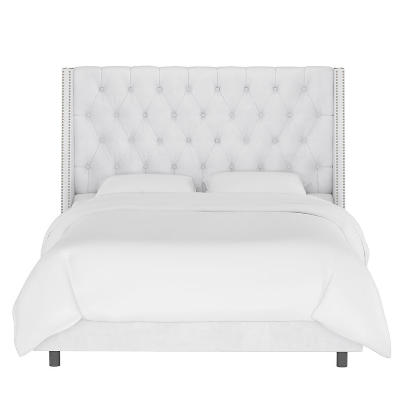 Skyline Queen Nail Button Tufted Wingback Bed in Velvet - White, White, hires