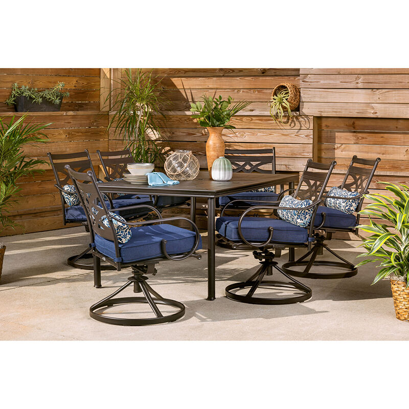 Montclair 7-Piece Dining Set in Navy Blue with 6 Swivel Rockers and a 40" x 67" Dining Table, , hires