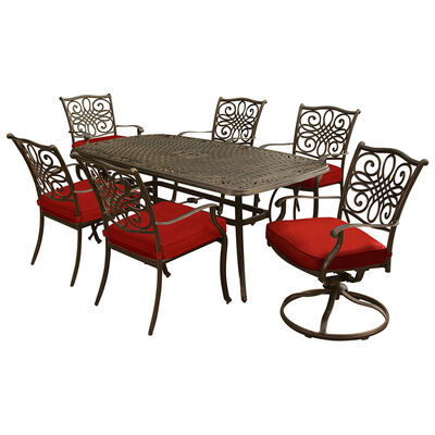 Hanover Traditions 7-Piece Dining Set in Red with Two Swivel Rockers, Four Dining Chairs, and a 72 x 38 in. Cast-top Table | TRAD7PCSWRED