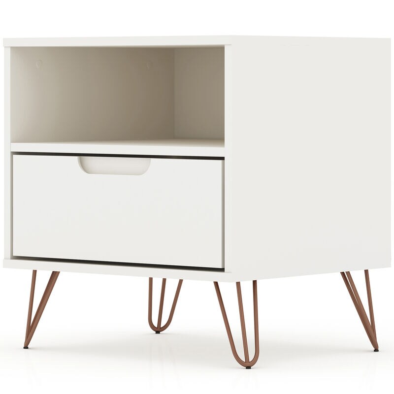 Manhattan Comfort Rockefeller Mid-Century Modern 1-Drawer Nightstand White, White, hires