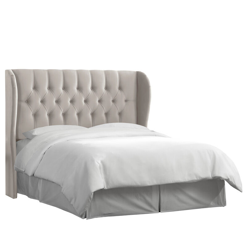 Skyline Furniture Tufted Wingback Velvet Fabric Queen Size Upholstered Headboard - Light Grey, Gray, hires