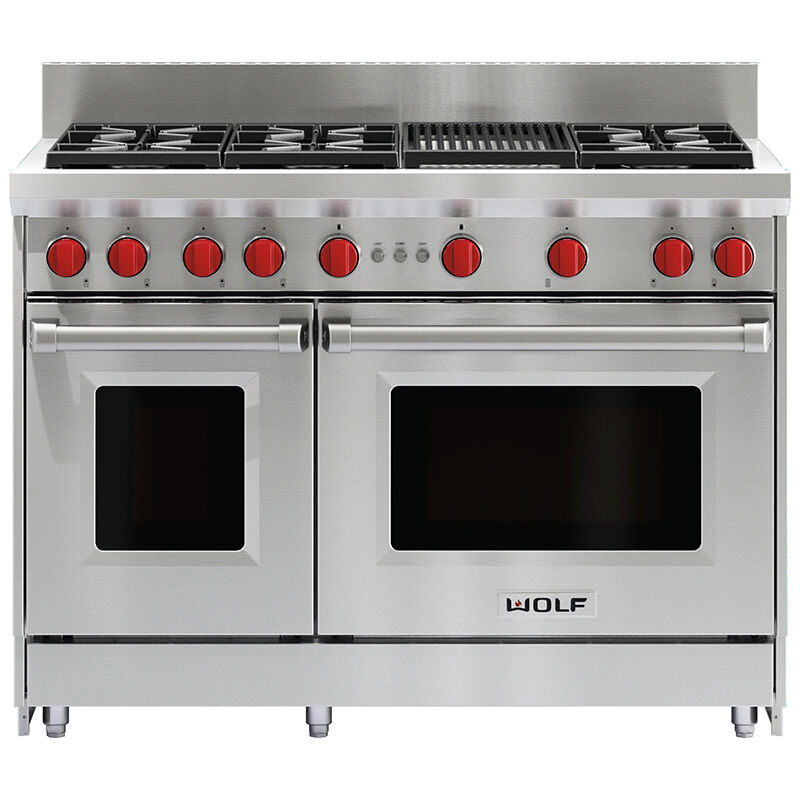 Wolf 48 in. 6.9 cu. ft. Standard Convection Double Oven Gas Range with 6 Sealed Burners & Grill - Stainless Steel, , hires