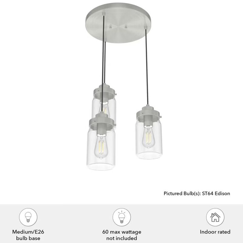 Hunter Devon Park 4.5 in. 3-Light Round Cluster Ceiling Light with Clear Glass - Brushed Nickel, , hires