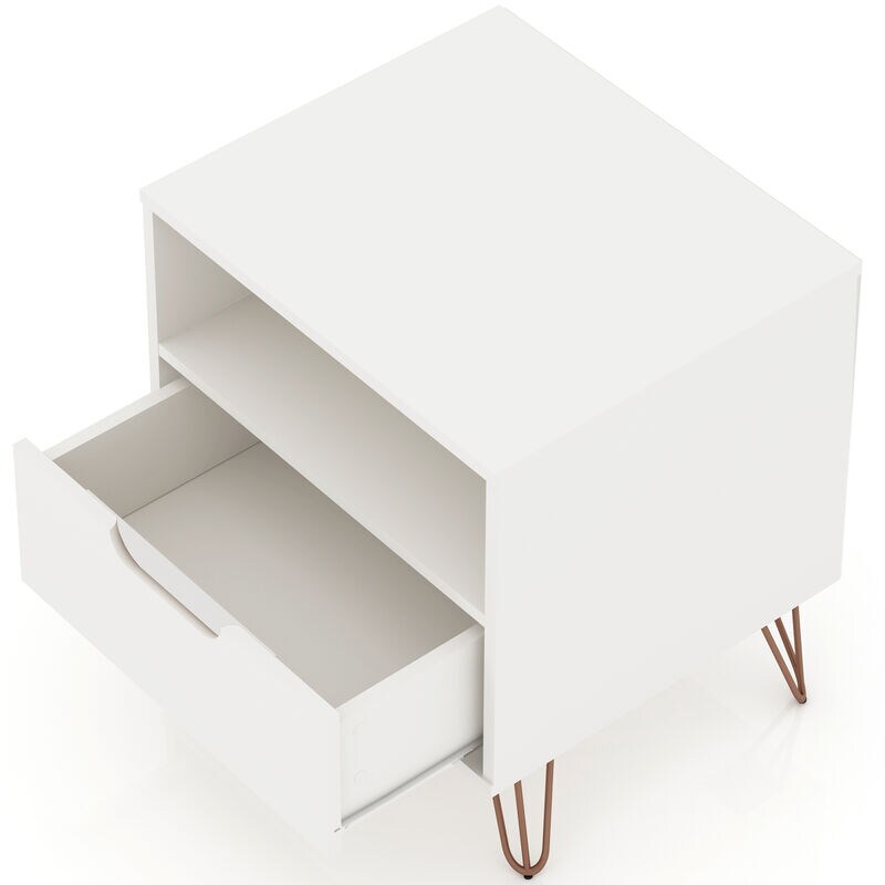 Manhattan Comfort Rockefeller Mid-Century Modern 1-Drawer Nightstand White, White, hires