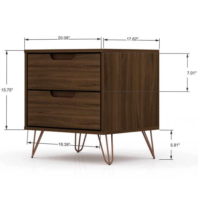 Manhattan Comfort Rockefeller Mid-Century Modern 2-Drawer Nightstand - Brown, Brown, hires