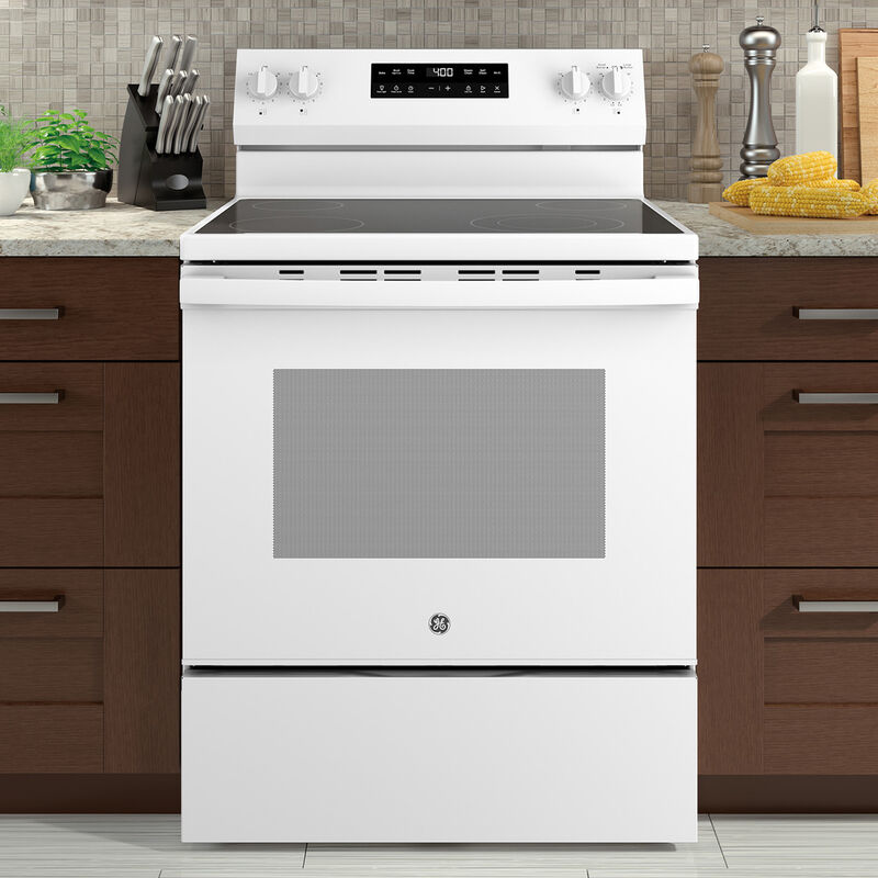 GE 400 Series 30 in. 5.3 cu. ft. Smart Oven Freestanding Electric Range with 4 Radiant Burners - White, White, hires