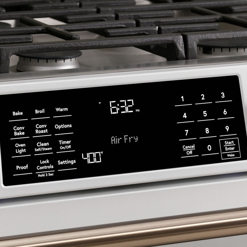 Cafe 30 in. 5.6 cu. ft. Smart Air Fry True European Convection Slide-In Gas Range with 6 Sealed Burners & Griddle - Matte White, Matte White, hires