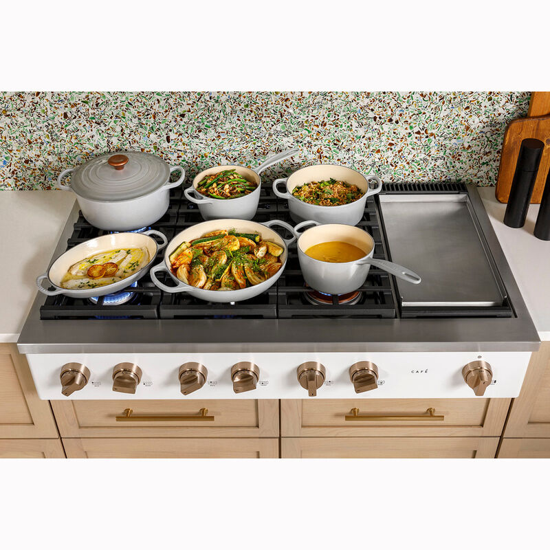 Cafe 48 in. 6-Burner Natural Gas Rangetop with Griddle, Simmer Burner & Power Burner - Matte White, Matte White, hires