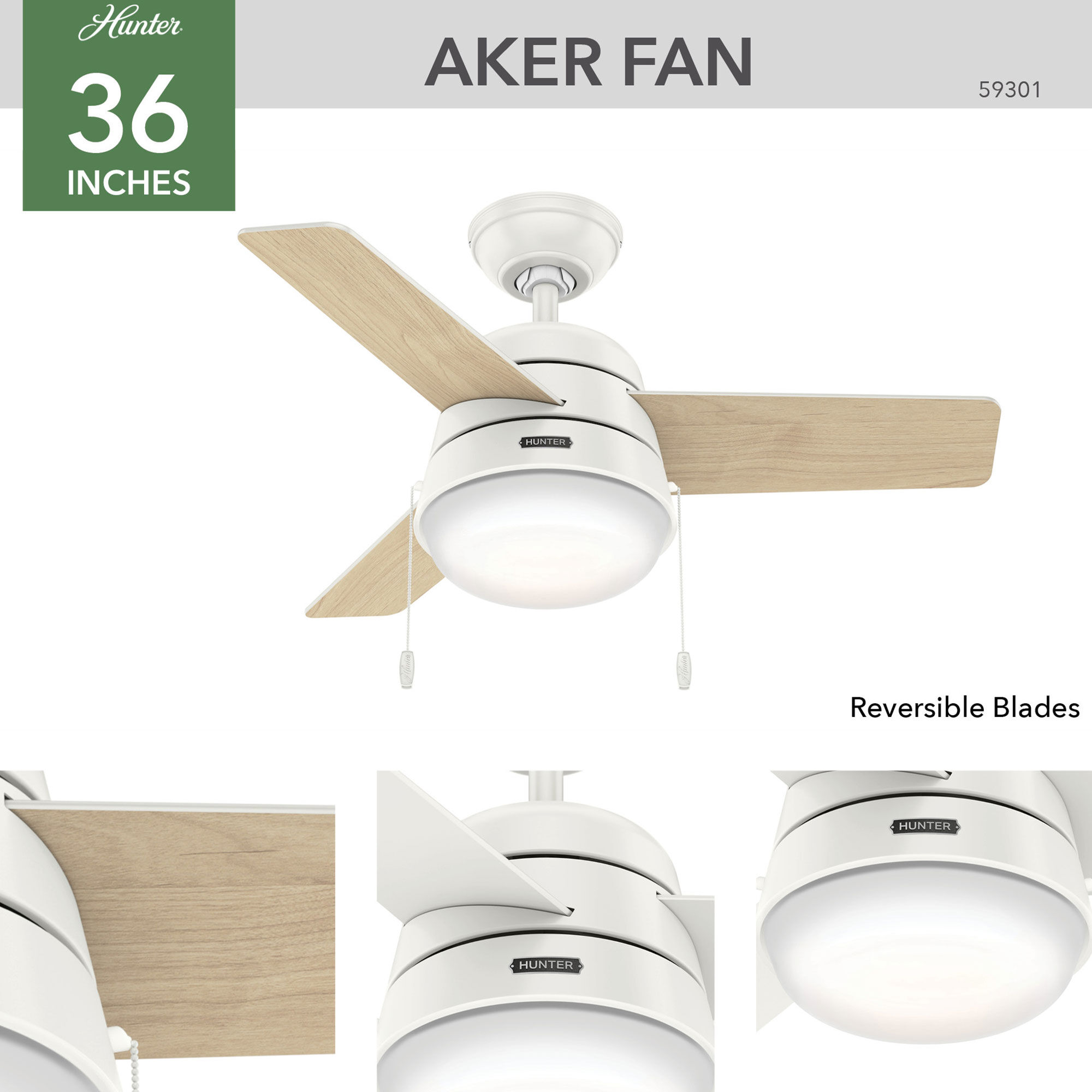 Hunter 36 inch Aker Ceiling Fan with LED Light Kit and Pull Chain
