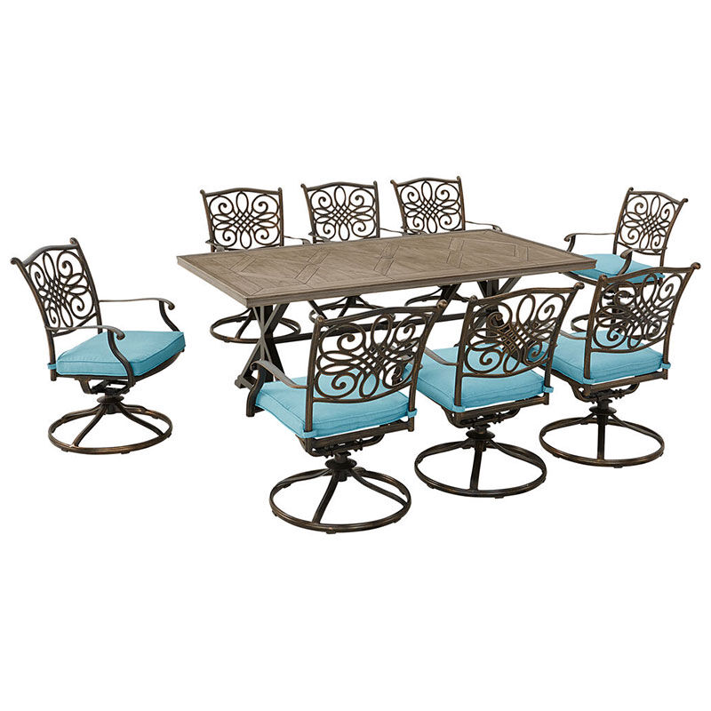 Hanover Traditions 9-Piece Dining Set With 8 Swivel Rockers and 42" x 80" Tile-Top Farmhouse Table - Blue/Bronze