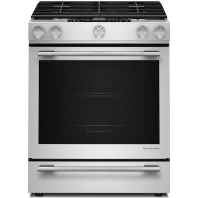 KitchenAid 30 in. 6.5 cu. ft. Air-Fry True European Convection Steam Oven Slide-In Gas Range with 5 Sealed Burners - Stainless Steel with PrintShield Finish | KSGS730TPS