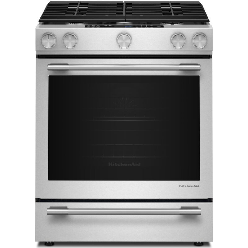 KitchenAid 30 in. 6.5 cu. ft. Air-Fry True European Convection Steam Oven Slide-In Gas Range with 5 Sealed Burners - Stainless Steel with PrintShield Finish, , hires