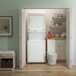 GE 27 in. Laundry Center with 3.8 cu. ft. Washer with 11 Wash Programs & 5.9 cu. ft. Electric Dryer with 4 Dryer Programs, Sensor Dry & Wrinkle Care - White, , hires