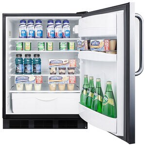 Interior view: adjustable glass shelves, clear crisper, and door racks inside the 5.5 cu ft Summit undercounter all-refrigerator