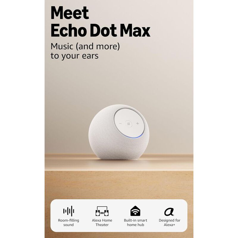 Amazon Echo Dot Max (newest model), Alexa speaker with room-filling sound and built-in smart home hub, designed for Alexa+ (Glacier White), , hires