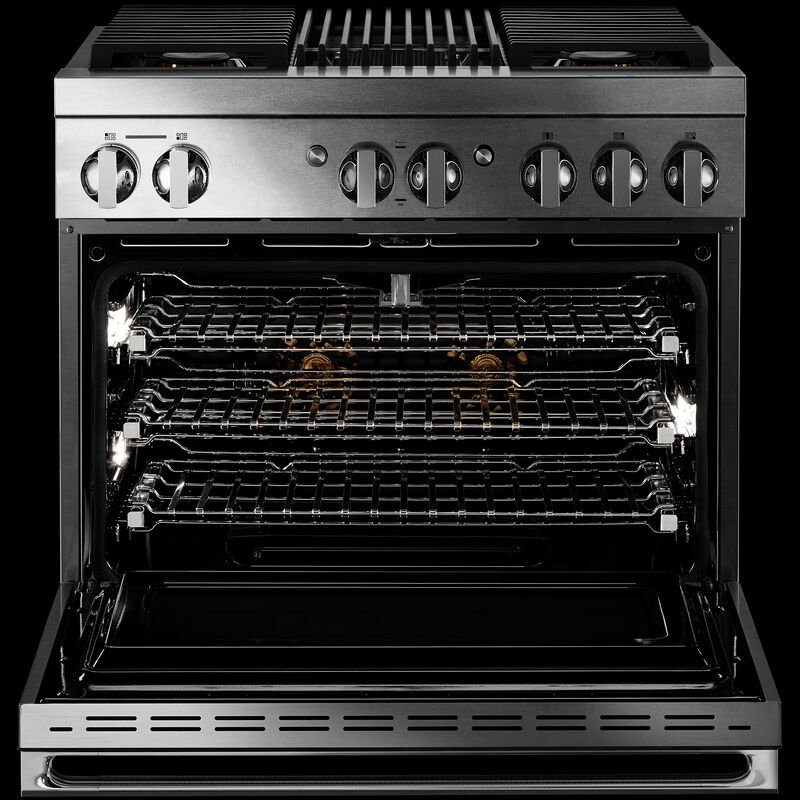 JennAir Noir Series 36 in. 5.1 cu. ft. Smart True European Convection Dual Fuel Range with 4 Sealed Burners & Grill - Stainless Steel, , hires