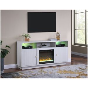 Lilola Ambrose 70"W White Walnut Finish Fireplace TV Stand Console with Heater, LED Light, Cabinets, Shelves, , hires