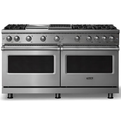 Viking 5 Series 60 in. 8.0 cu. ft. Standard Convection Double Oven Gas Range with 6 Sealed Burners, Grill & Griddle - Stainless Steel - Natural Gas, Polished Chrome Trim Option | VGR56046GQSS