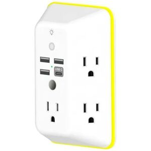 GoGreen 5-Outlet Wall Tap with USB & Night Light - White, , hires