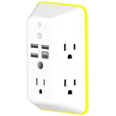 GoGreen 5-Outlet Wall Tap with USB & Night Light - White | GG-53A1C