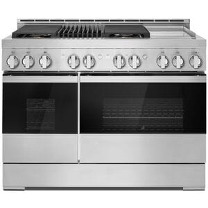 JennAir Noir Series 48 in. 6.3 cu. ft. Smart True European Convection Double Oven Gas Range with 4 Sealed Burners, Grill & Griddle - Stainless Steel, , hires