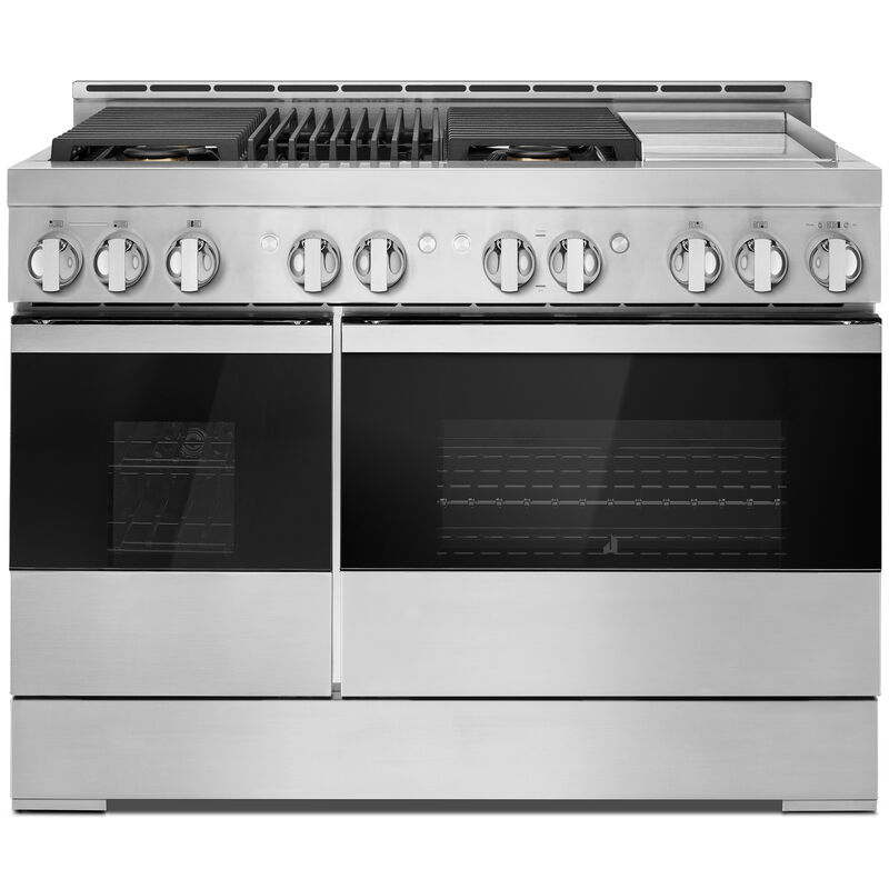 JennAir Noir Series 48 in. 6.3 cu. ft. Smart True European Convection Double Oven Gas Range with 4 Sealed Burners, Grill & Griddle - Stainless Steel, , hires