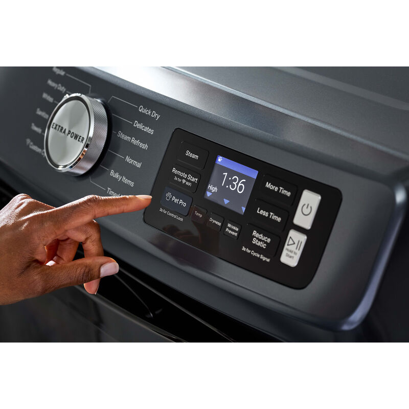 Maytag Pet Pro 27 in. 7.4 cu. ft. Smart Stackable Electric Dryer with Sensor Dry, Sanitize & Steam Cycle - Midnight Steel, Midnight Steel, hires