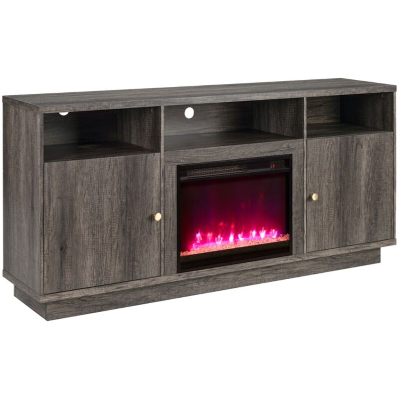 Lilola Ambrose 70"W Gray Walnut Finish Fireplace TV Stand Console with Heater, LED Light, Cabinets, Shelves, , hires