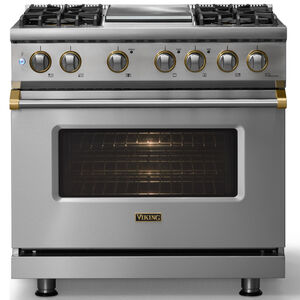 Viking 5 Series 36 in. 5.6 cu. ft. True European Convection Dual Fuel Range with 4 Sealed Burners & Griddle - Stainless Steel, , hires