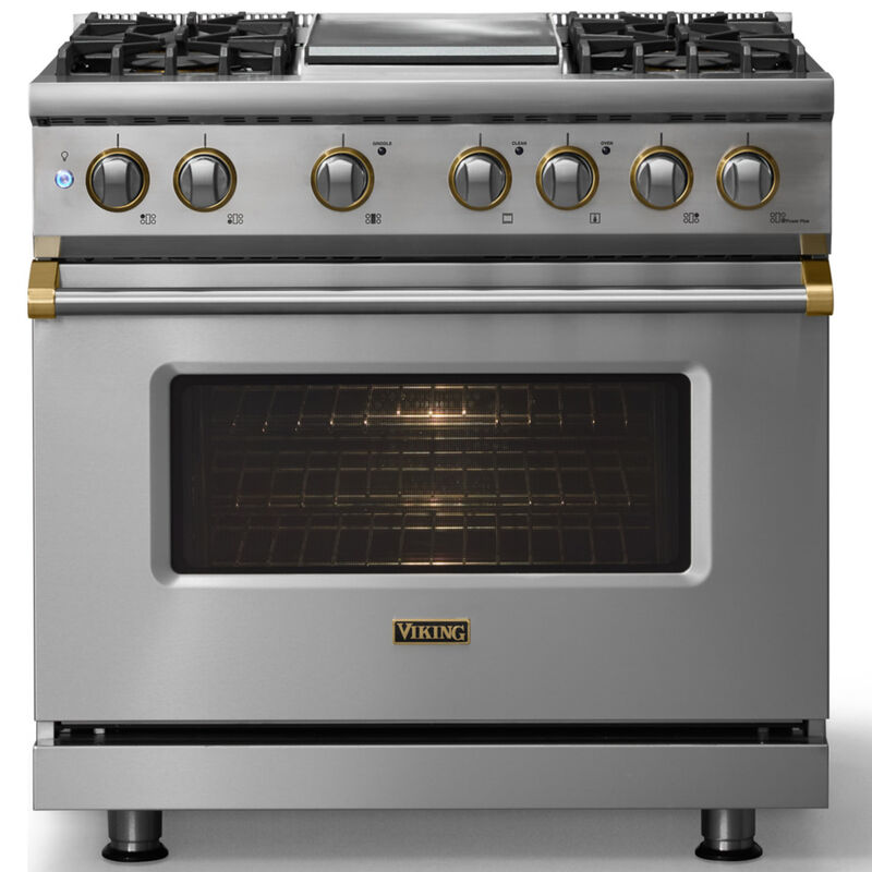 Viking 5 Series 36 in. 5.6 cu. ft. True European Convection Dual Fuel Range with 4 Sealed Burners & Griddle - Stainless Steel, , hires