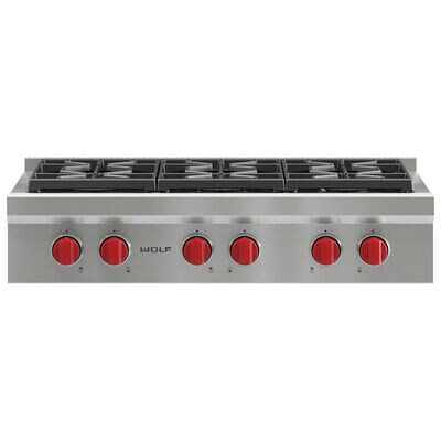 Wolf 36 in. 6-Burner LP Gas Rangetop with Power Burner - Stainless Steel | SRT366-LP