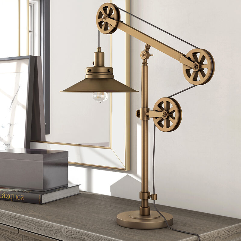 Hudson & Canal Descartes Wide Brim Table Lamp with Pulley System - Brushed Brass, , hires