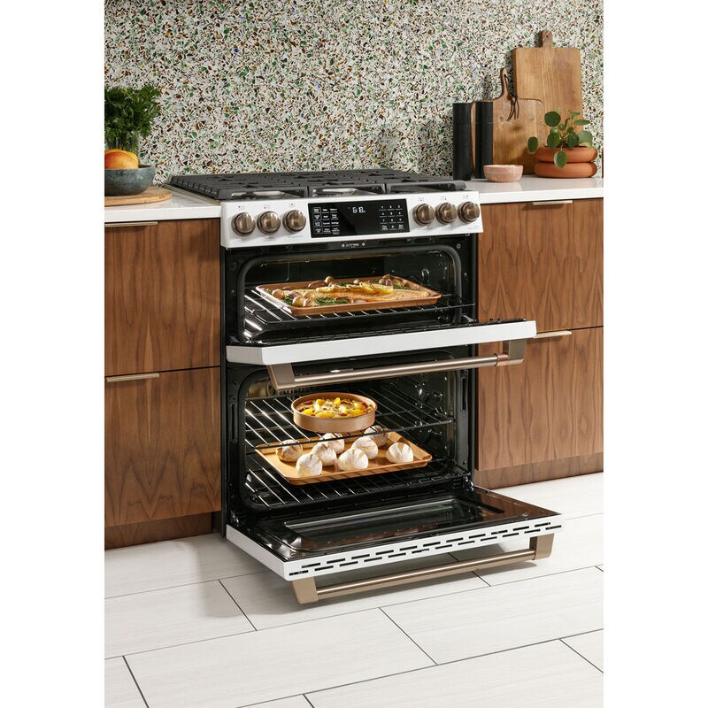 Cafe 30 in. 6.7 cu. ft. Smart Air Fry True European Convection Double Oven Slide-In Gas Range with 6 Sealed Burners & Griddle - Matte White, Matte White, hires