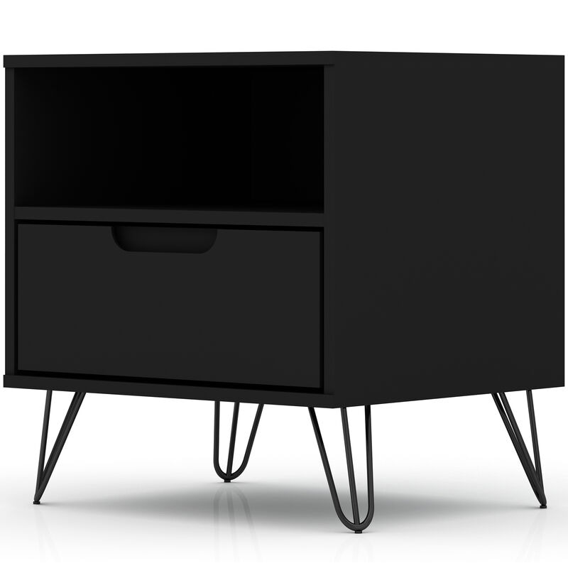Manhattan Comfort Rockefeller Mid-Century Modern 1-Drawer Nightstand Black, Black, hires