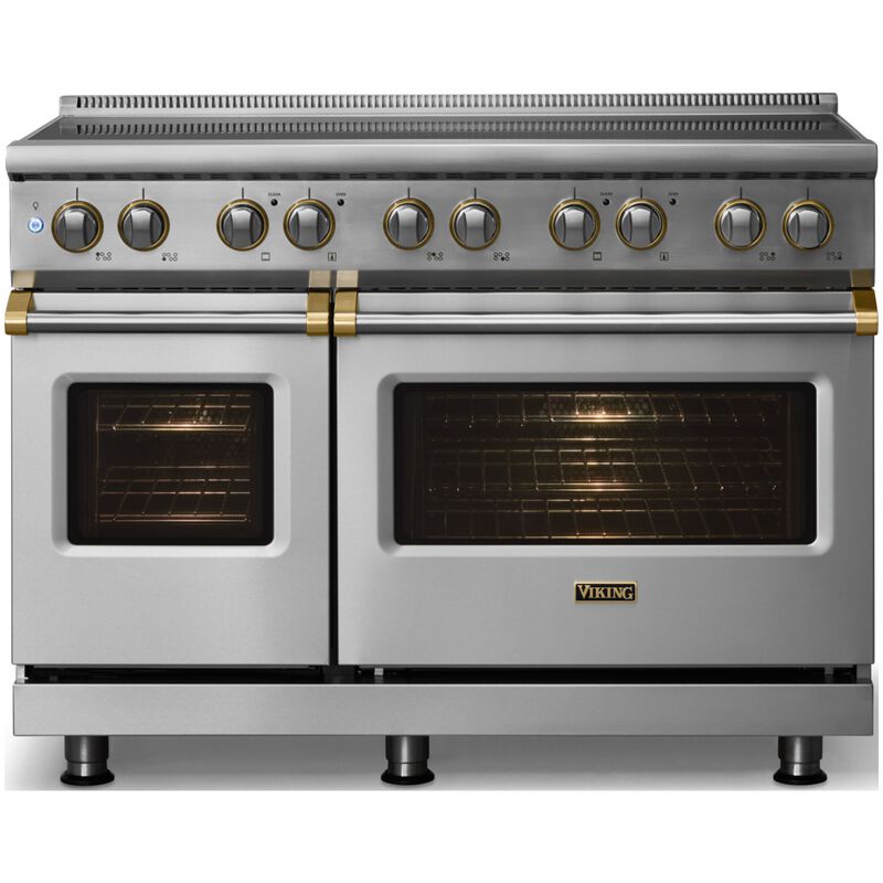 Viking 5 Series 48 in. 7.3 cu. ft. True European Convection Double Oven Electric Range with 6 Induction Burners - Stainless Steel - Brushed Brass Trim Option, , hires