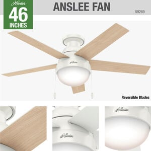 Hunter Anslee 46 in. Low Profile Ceiling Fan with LED Light Kit and Pull Chain - White, White, hires