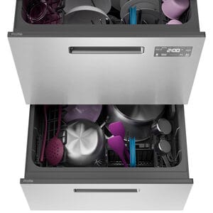 GE Profile 24 in. Smart Double Dishwasher Drawer with Front Control, 48 dBA Sound Level & Pocket Handle - Fingerprint Resistant Stainless, , hires