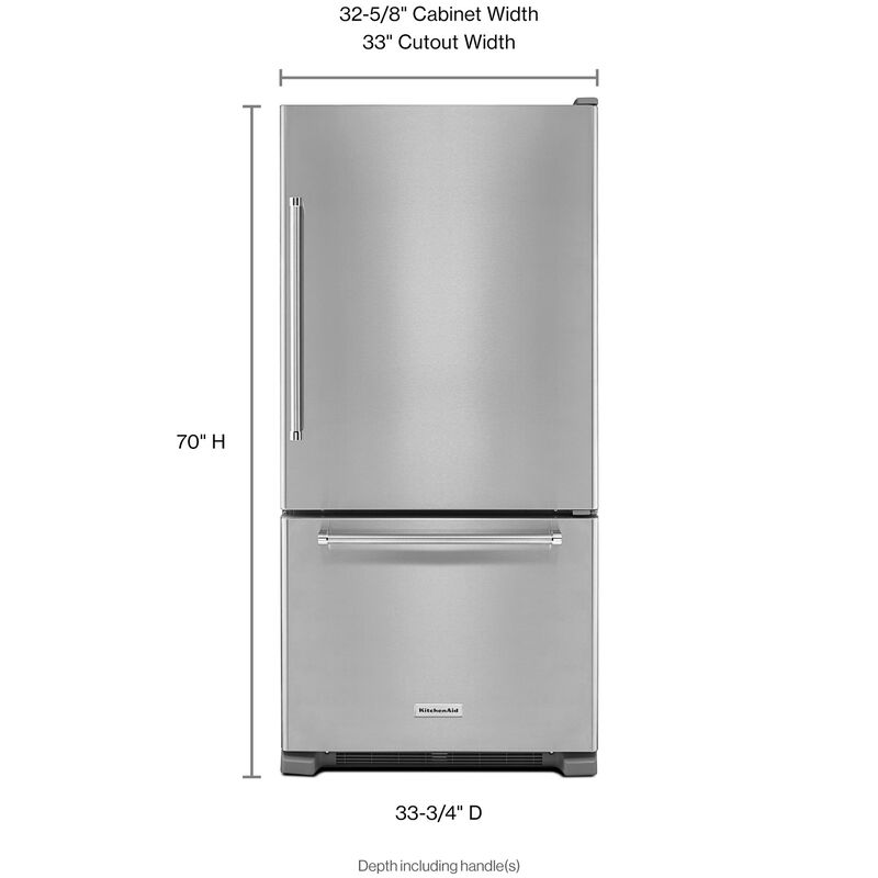 KitchenAid 33 in. 22 cu. ft. Bottom Freezer Refrigerator Right Hinged - Stainless Steel, , hires