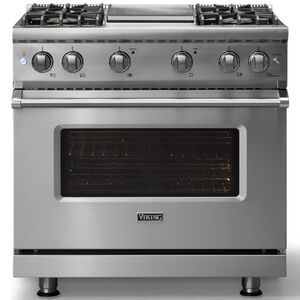 Viking 5 Series 36 in. 5.1 cu. ft. Standard Convection Gas Range with 4 Sealed Burners & Griddle - Stainless Steel - Liquid Propane Gas, Polished Chrome Trim Option, , hires