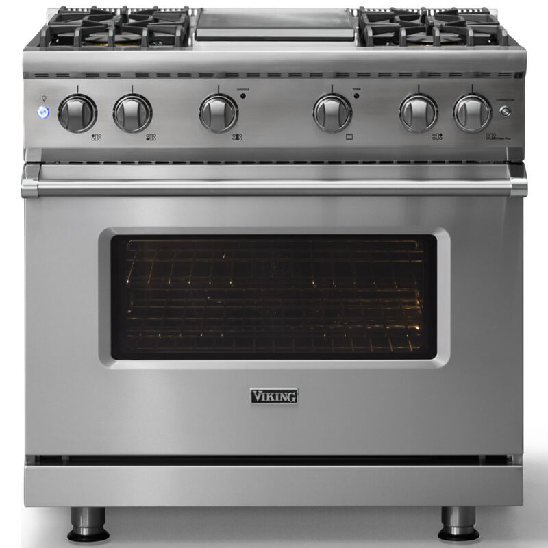 Viking 5 Series 36 in. 5.1 cu. ft. Standard Convection Gas Range with 4 Sealed Burners & Griddle - Stainless Steel - Liquid Propane Gas, Polished Chrome Trim Option, , hires